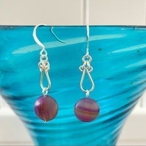 2/$29 Handmade Purple Swirl Glass Bead Dangle Earrings Hand-turned Wire Links